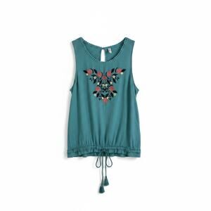 Y2K Xhilaration Women Sleeveless Embroidered Pom Pom Tank Top Floral Teal S Boho